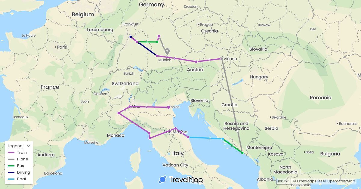 TravelMap itinerary: driving, bus, plane, train, boat in Austria, Germany, Croatia, Italy (Europe)